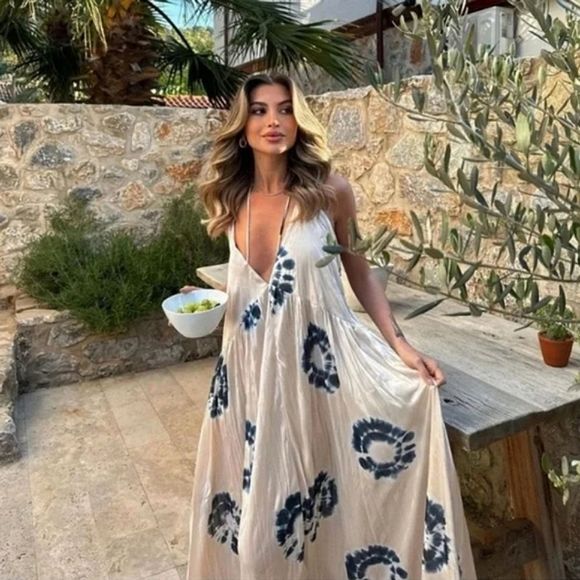 Zara Cream and Blue Midi Dress - Picture 1 of 16